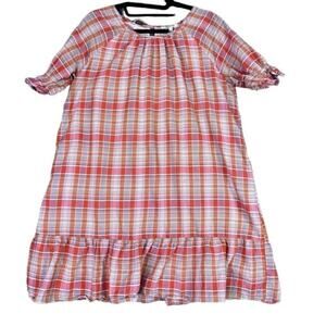Madewell Shift Dress Small Red Plaid Ruffle Popover Mini Cotton Blend Lined Tier